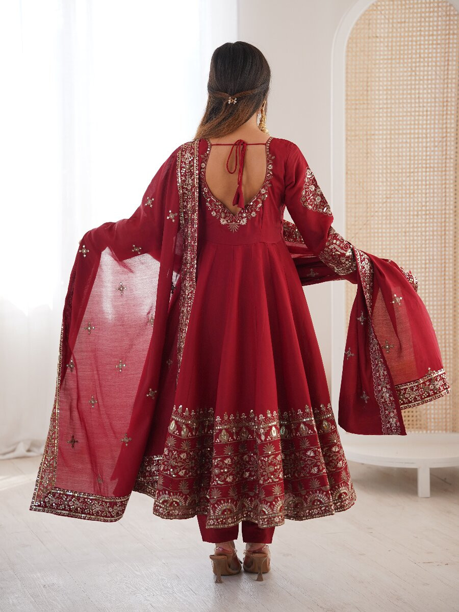 Red Roman Silk Embroidery Sequins Wedding Festival Party Casual Ready Anarkali Pant Salwar Kameez