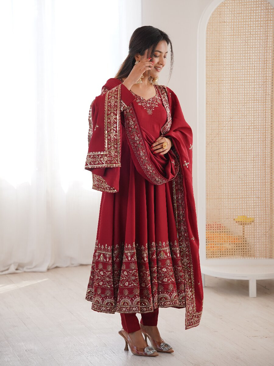 Red Roman Silk Embroidery Sequins Wedding Festival Party Casual Ready Anarkali Pant Salwar Kameez