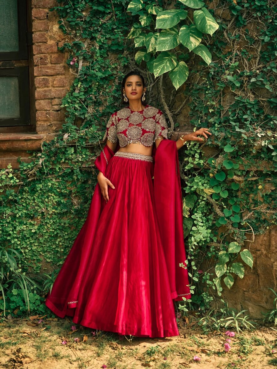 Red Roman Silk Embroidery Sequins Wedding Reception Party Festival Circular Lehenga Choli