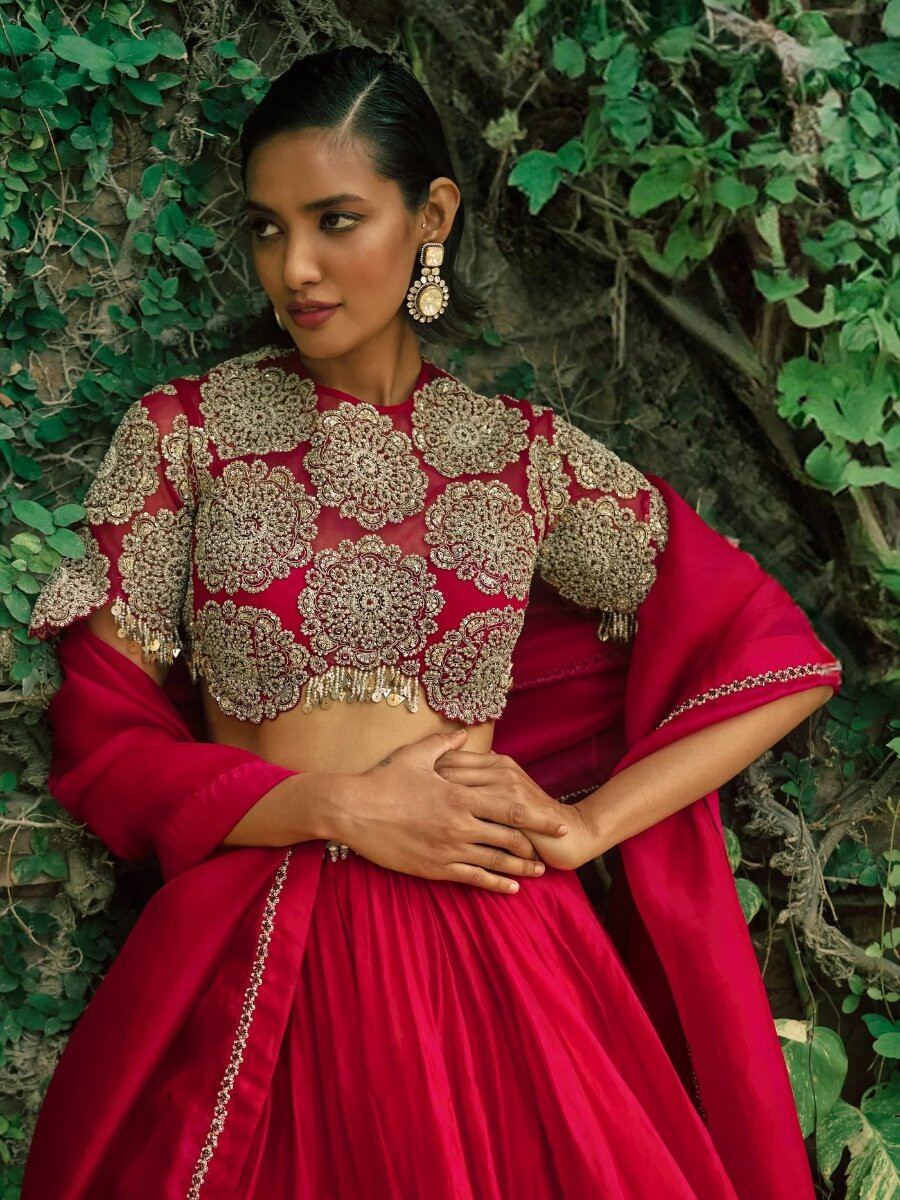 Red Roman Silk Embroidery Sequins Wedding Reception Party Festival Circular Lehenga Choli