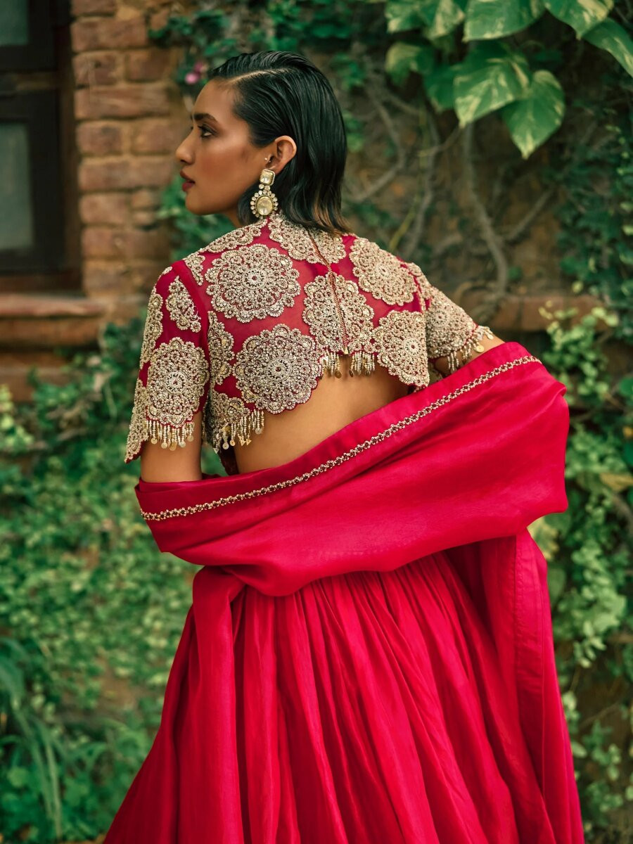 Red Roman Silk Embroidery Sequins Wedding Reception Party Festival Circular Lehenga Choli