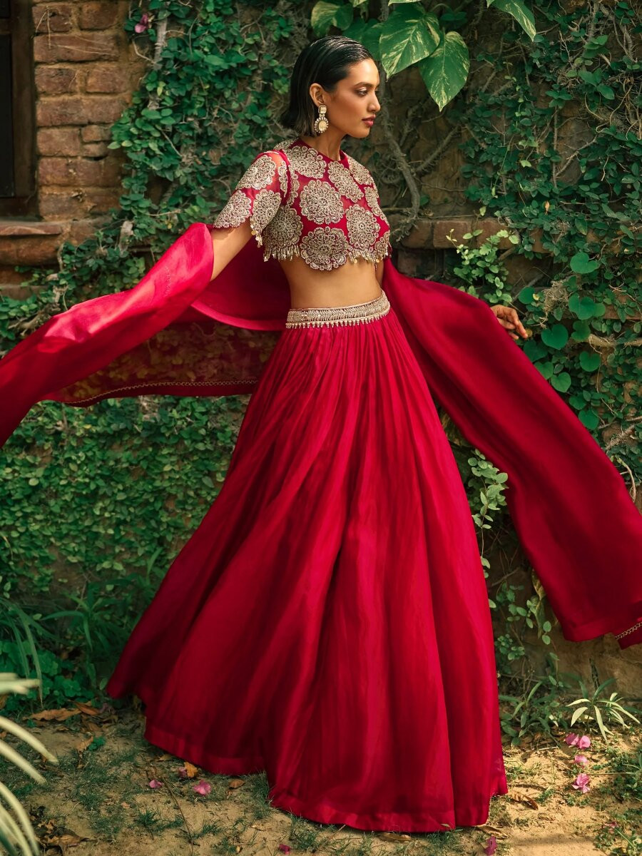 Red Roman Silk Embroidery Sequins Wedding Reception Party Festival Circular Lehenga Choli