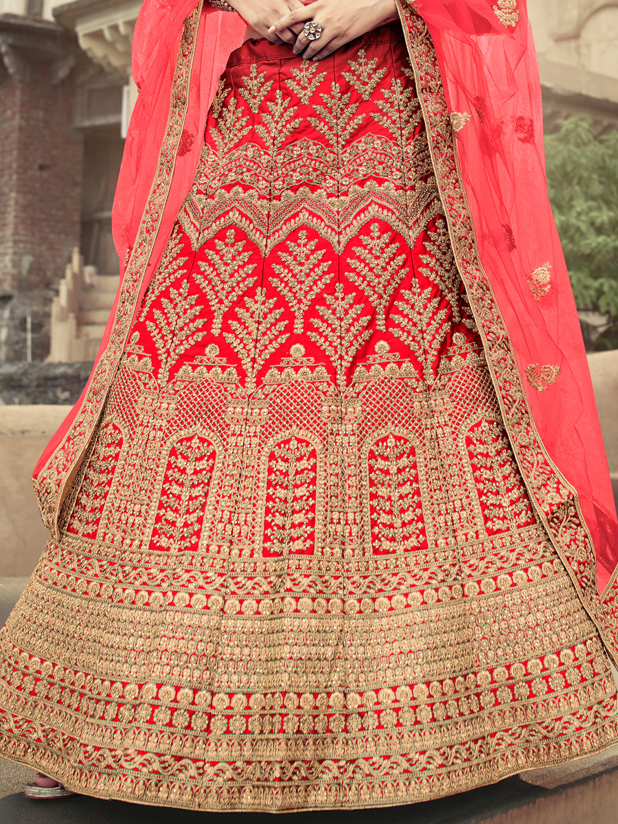 Red Satin Embroidered Bridal Lehenga Choli