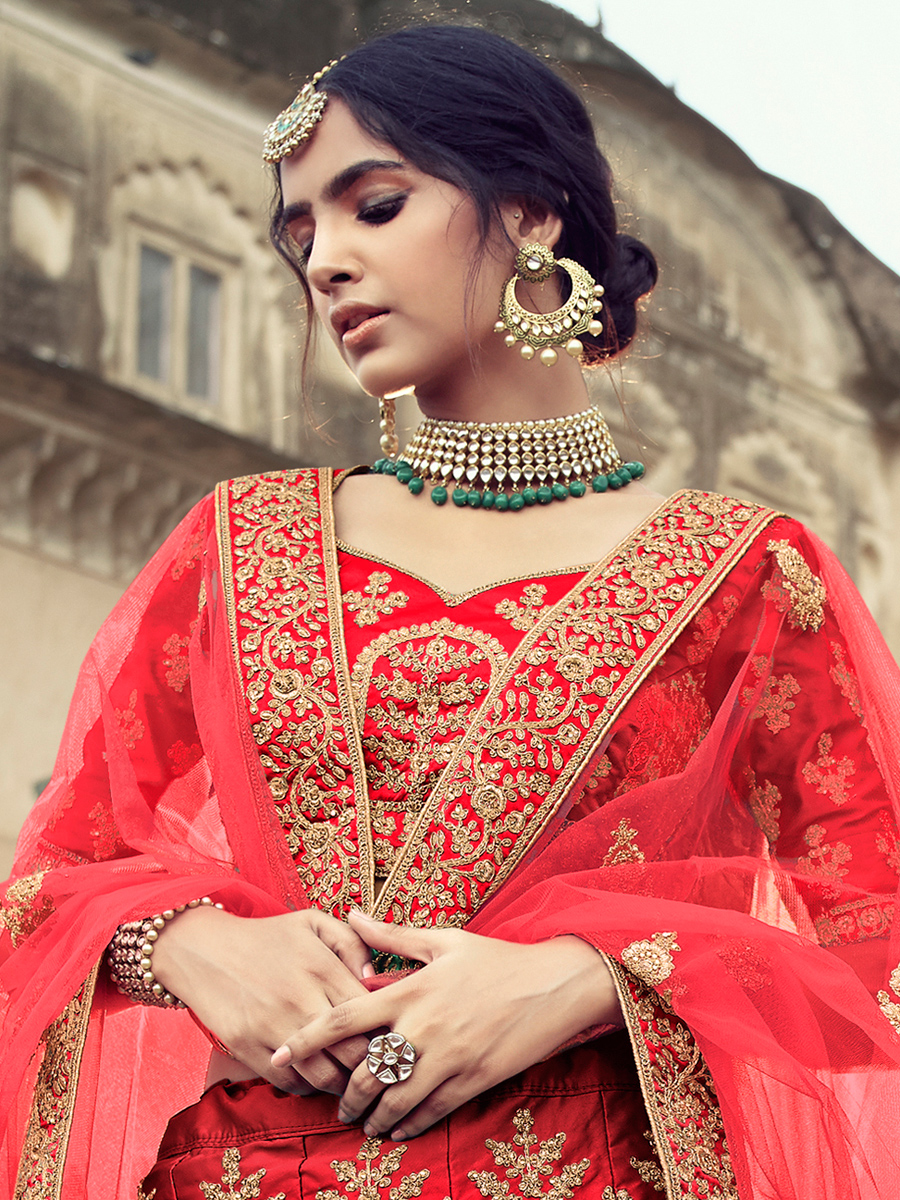 Red Satin Embroidered Bridal Lehenga Choli