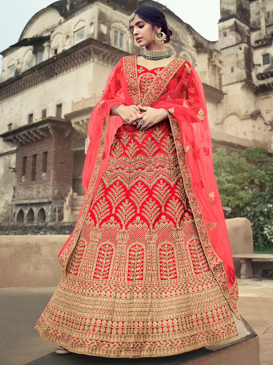 Red Satin Embroidered Bridal Lehenga Choli