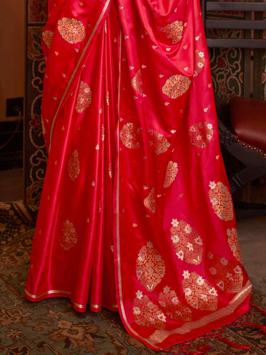 Red Satin Handwoven Wedding Festival Heavy Border Saree