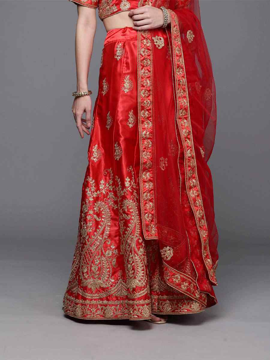 Red Satin Silk Embroidered Bridesmaid Heavy Border Lehenga Choli