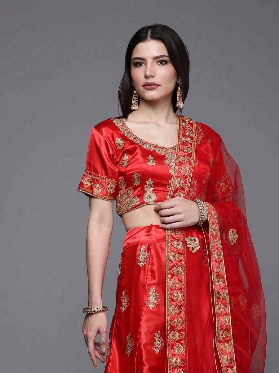 Red Satin Silk Embroidered Bridesmaid Heavy Border Lehenga Choli