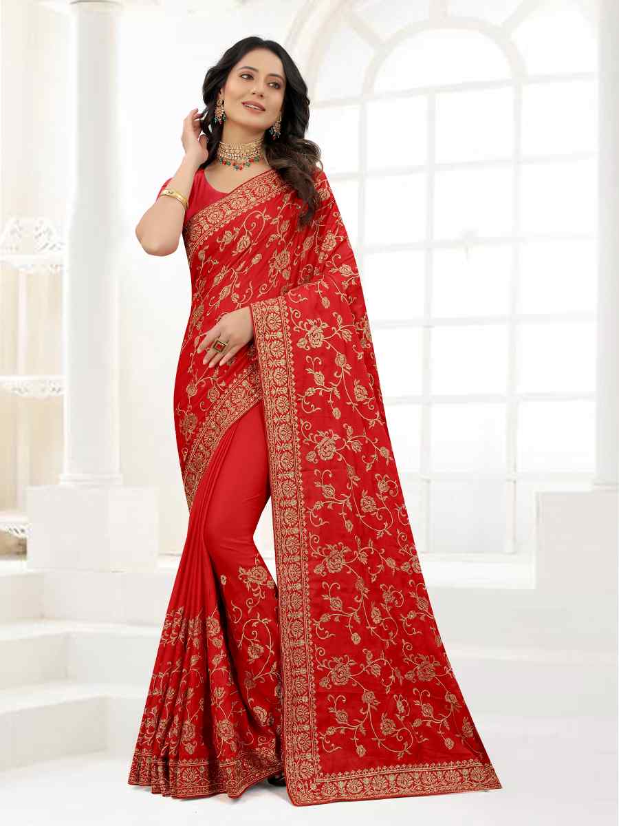 Red Satin Silk Embroidered Party Wedding Heavy Border Saree