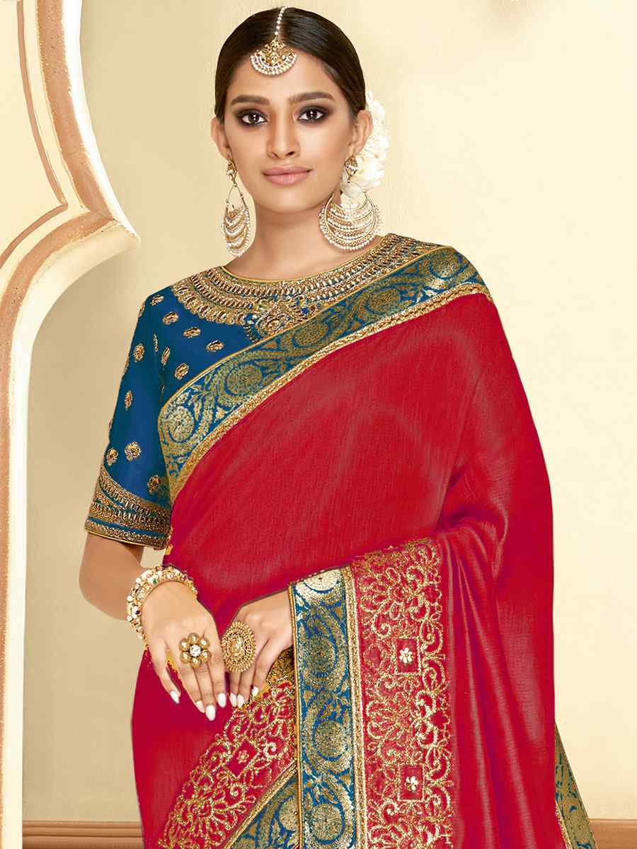 Red Satin Silk Embroidered Reception Wedding Heavy Border Saree