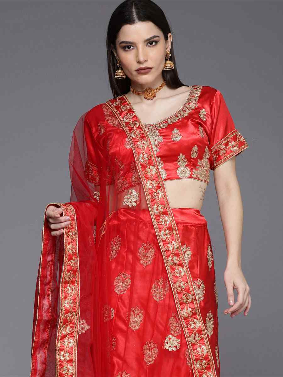 Red Satin Silk Embroidered Wedding Bridesmaid Heavy Border Lehenga Choli
