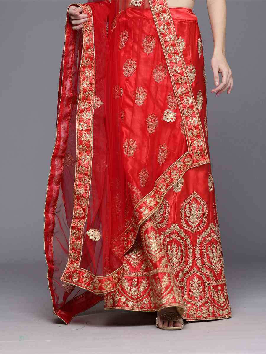 Red Satin Silk Embroidered Wedding Bridesmaid Heavy Border Lehenga Choli