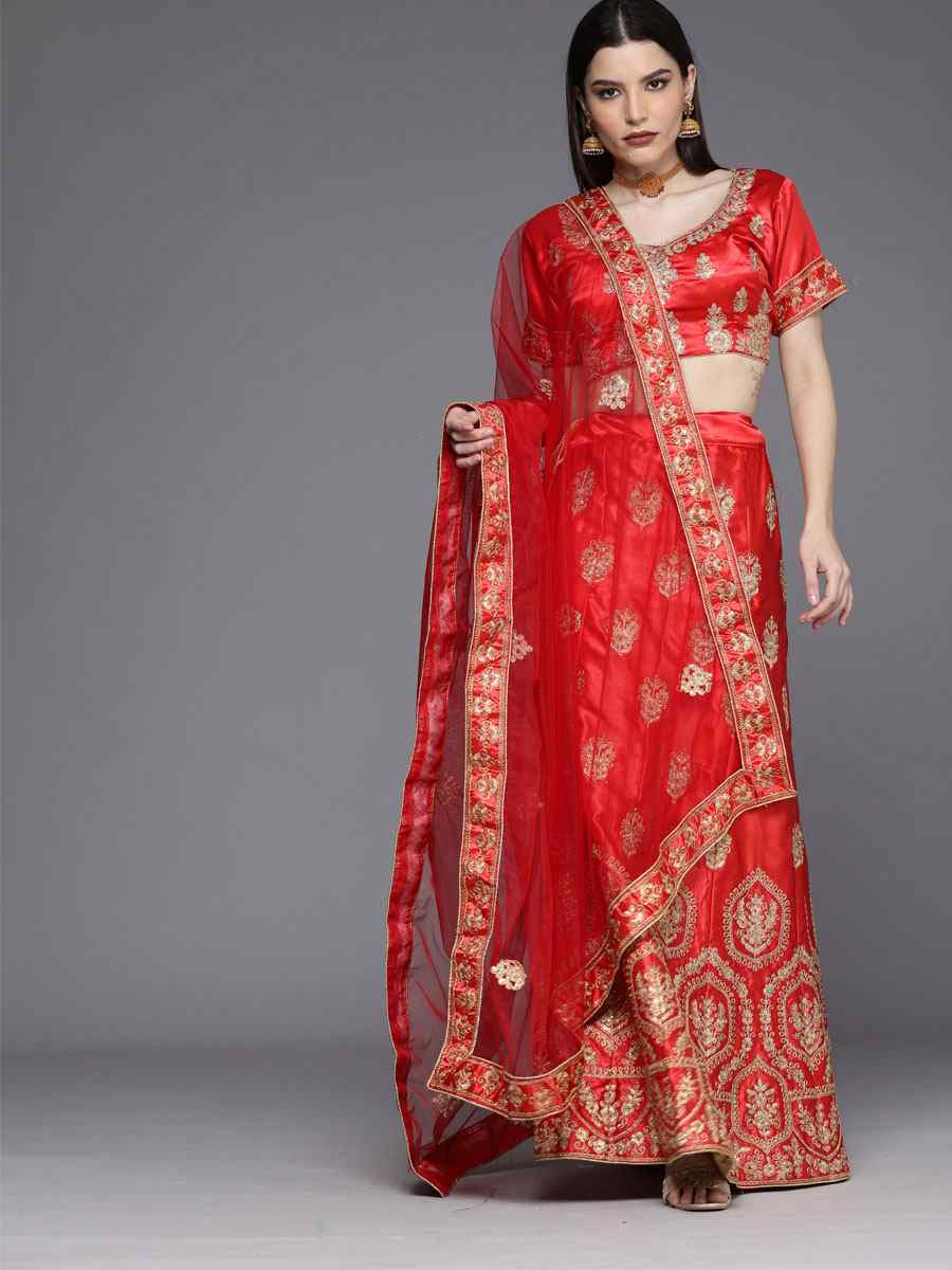 Red Satin Silk Embroidered Wedding Bridesmaid Heavy Border Lehenga Choli