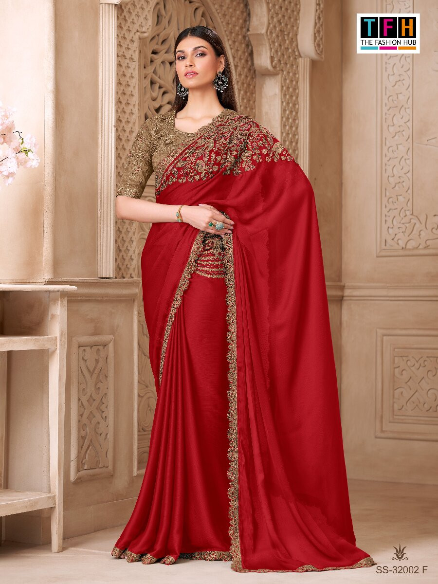 Red Satin Silk Embroidery Sequins Wedding Reception Party Festival Heavy Border Sarees