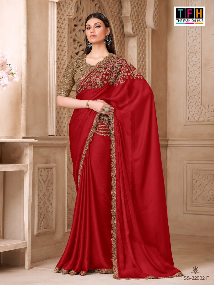 Image of Red Satin Silk Embroidery Sequins Wedding Reception Party Festival Heavy Border Sarees