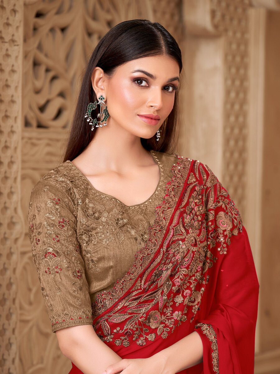 Red Satin Silk Embroidery Sequins Wedding Reception Party Festival Heavy Border Sarees