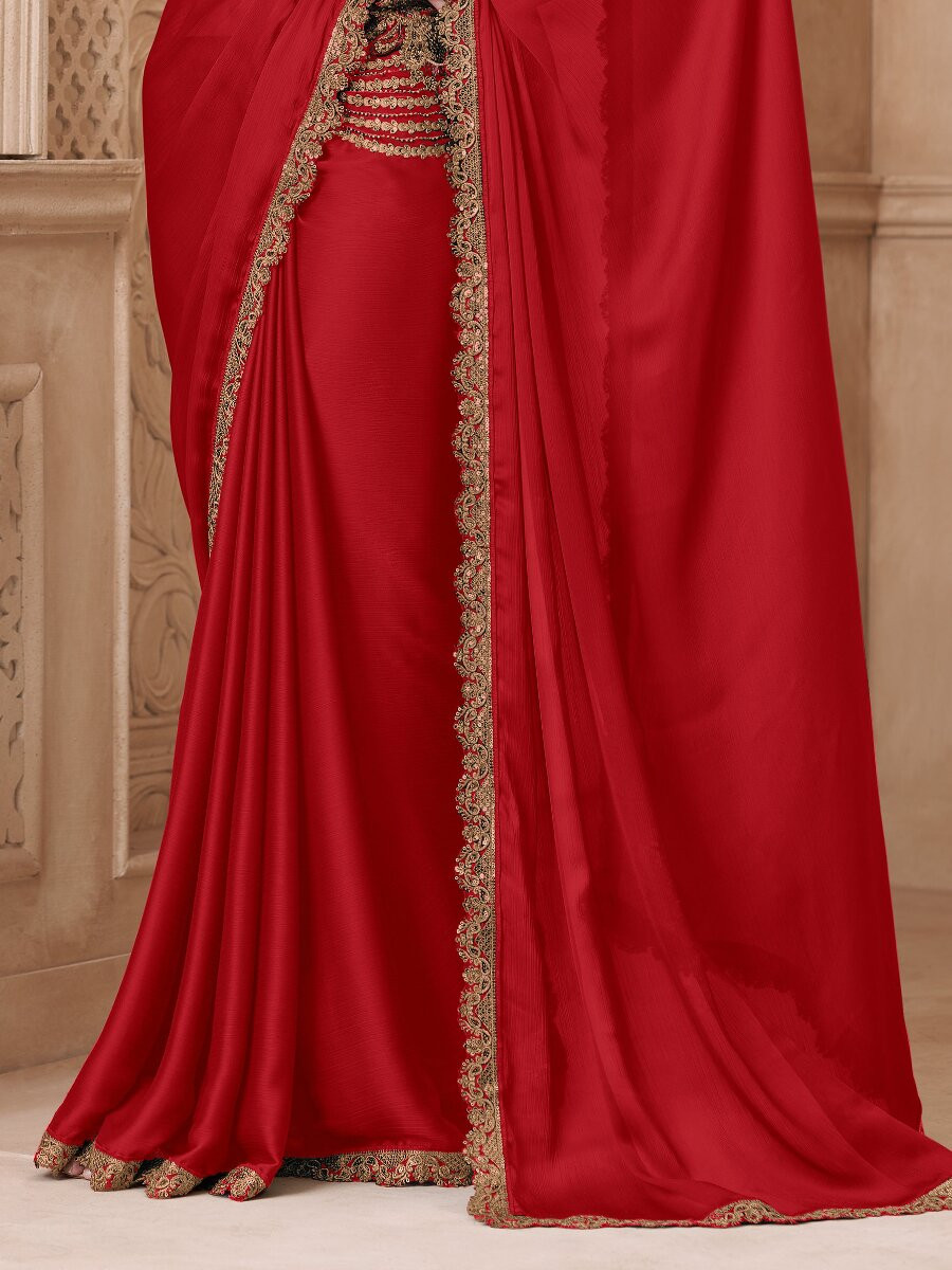 Red Satin Silk Embroidery Sequins Wedding Reception Party Festival Heavy Border Sarees