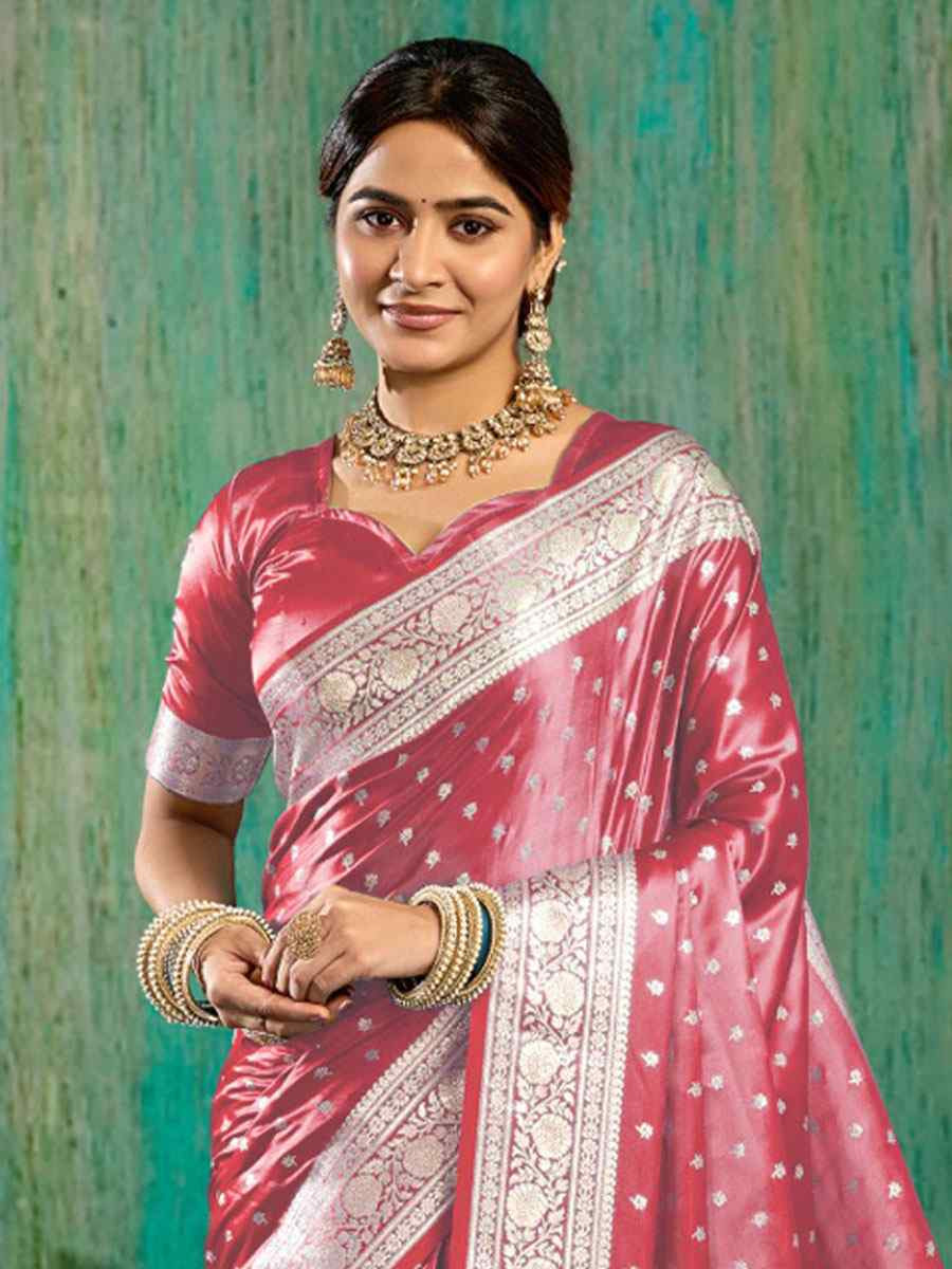 Red Satin Silk Handwoven Casual Reception Festival Wedding Fancy Classic Style Sarees