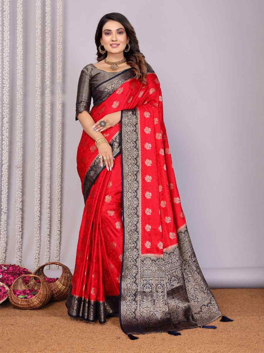 Red Satin Silk Handwoven Festival Wedding Fancy Heavy Border Saree