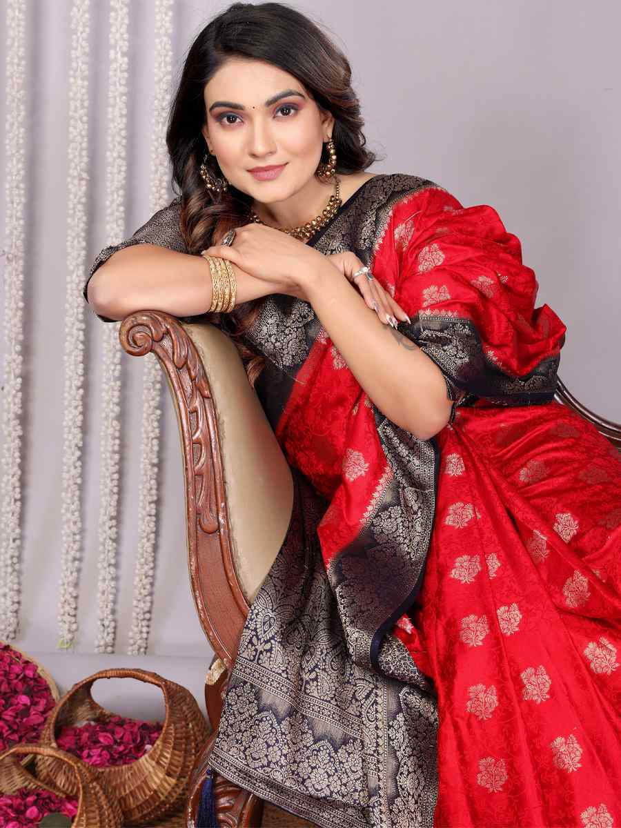 Red Satin Silk Handwoven Festival Wedding Fancy Heavy Border Saree