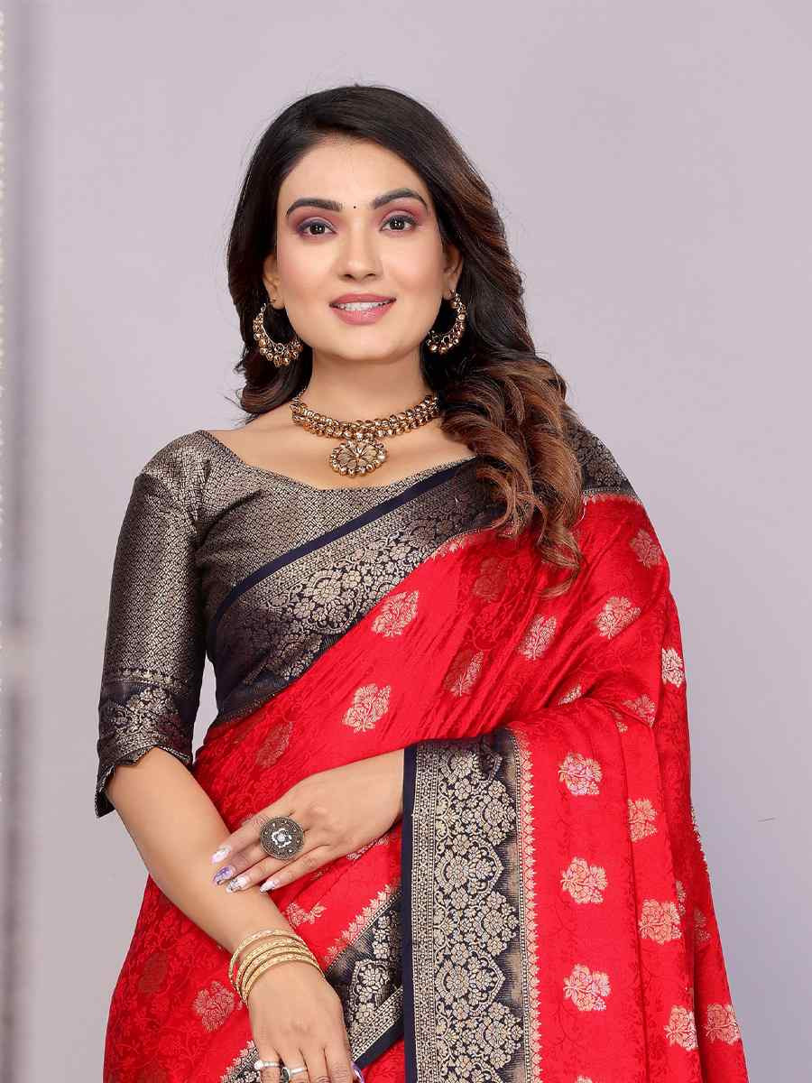 Red Satin Silk Handwoven Festival Wedding Fancy Heavy Border Saree