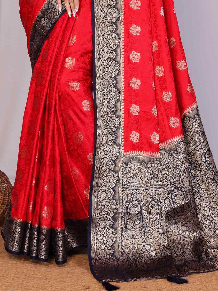 Red Satin Silk Handwoven Festival Wedding Fancy Heavy Border Saree