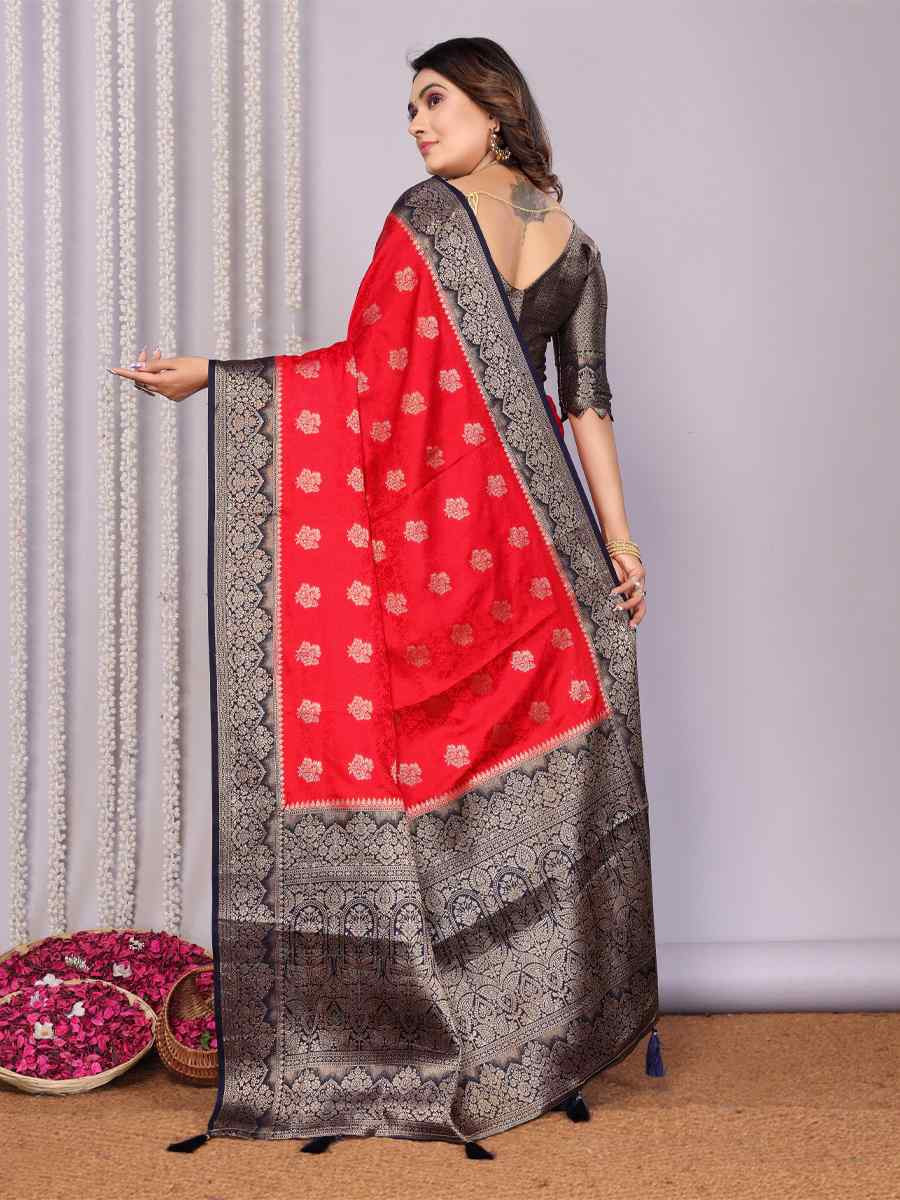 Red Satin Silk Handwoven Festival Wedding Fancy Heavy Border Saree