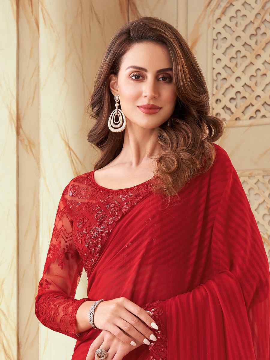 Red Selfie Sik Embroidered Party Festival Heavy Border Saree