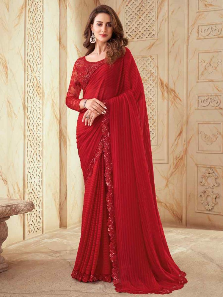 Red Selfie Sik Embroidered Party Festival Heavy Border Saree