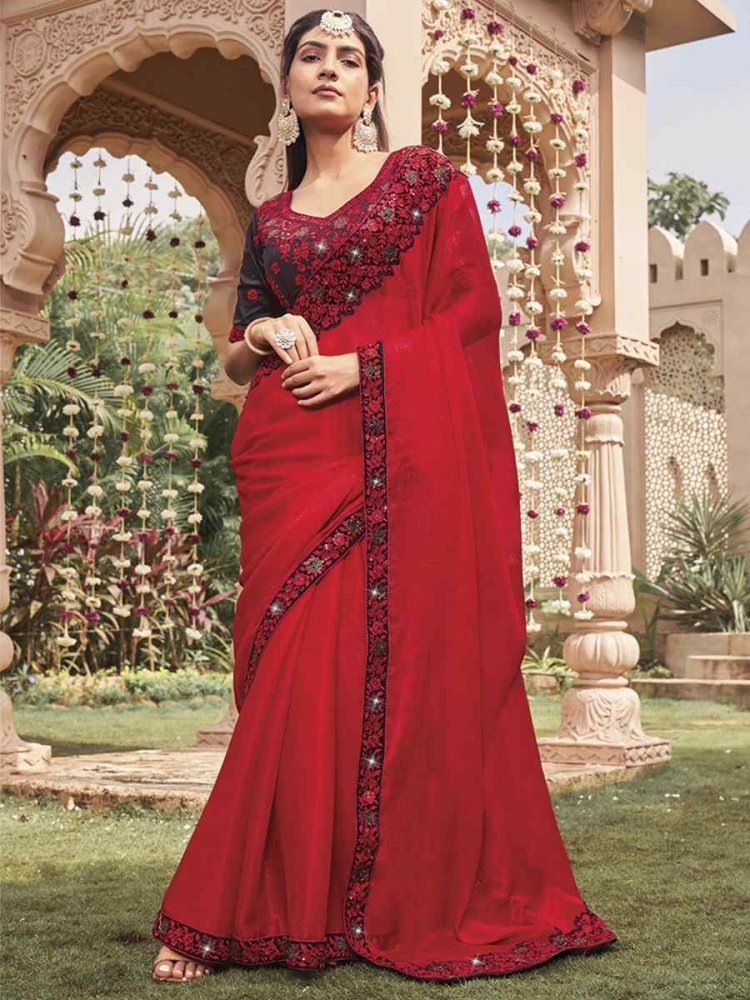 Red Shimmer Embroidery Party Reception Classic Style Saree