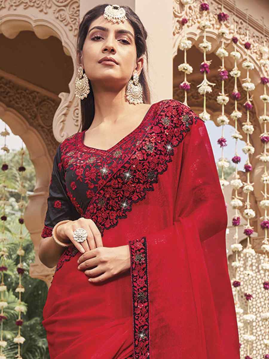 Red Shimmer Embroidery Party Reception Classic Style Saree