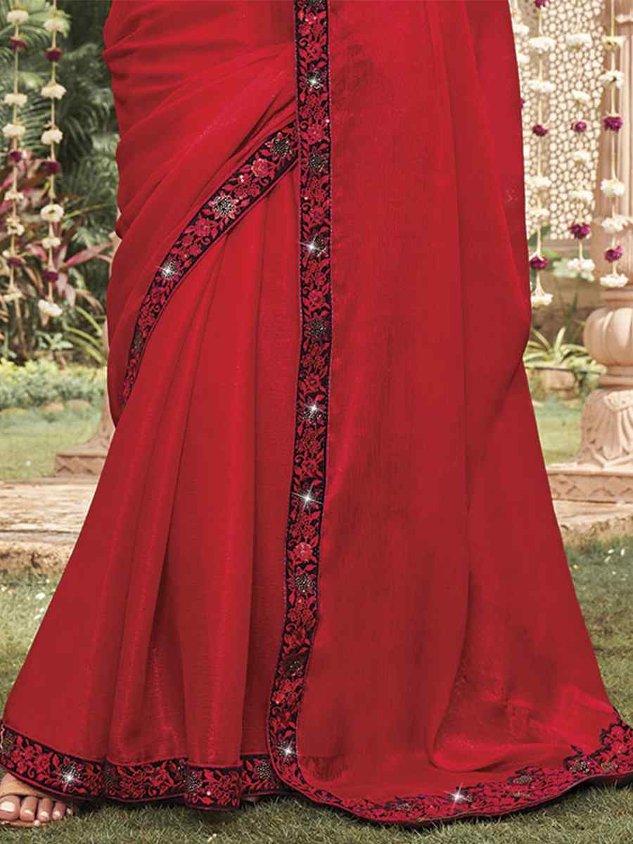 Red Shimmer Embroidery Party Reception Classic Style Saree