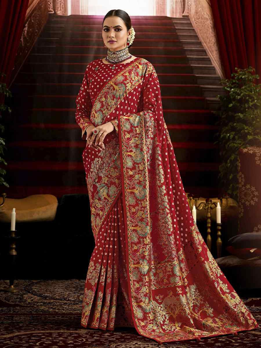 Red Silk Bhandej Prined Traditional Bridal Reception Festival Wedding Fancy Heavy Border Saree