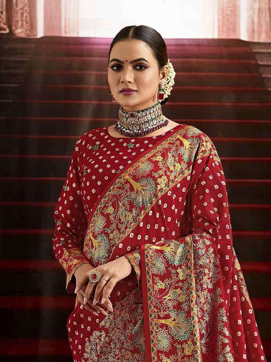 Red Silk Bhandej Prined Traditional Bridal Reception Festival Wedding Fancy Heavy Border Saree