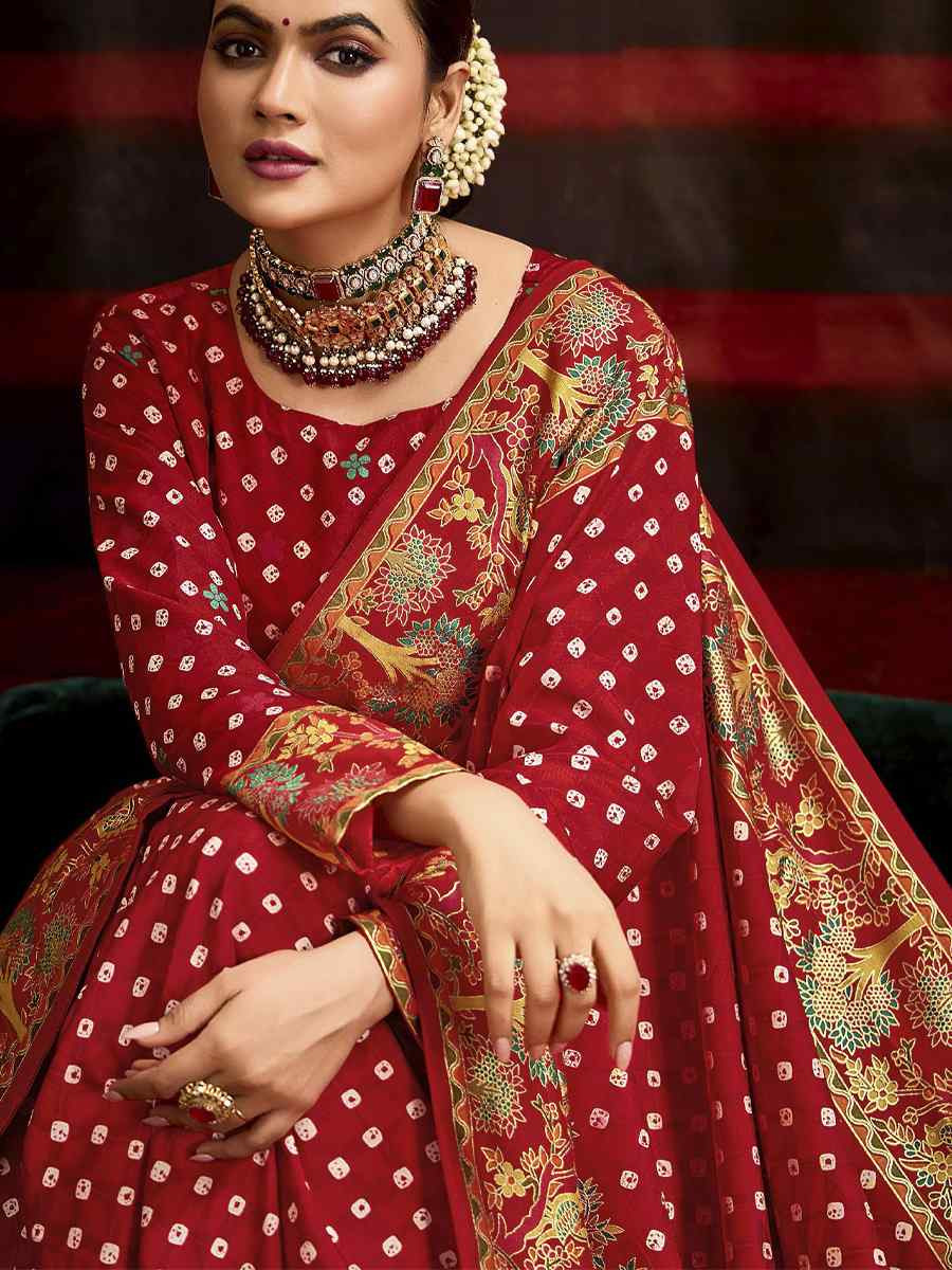 Red Silk Bhandej Prined Traditional Bridal Reception Festival Wedding Fancy Heavy Border Saree