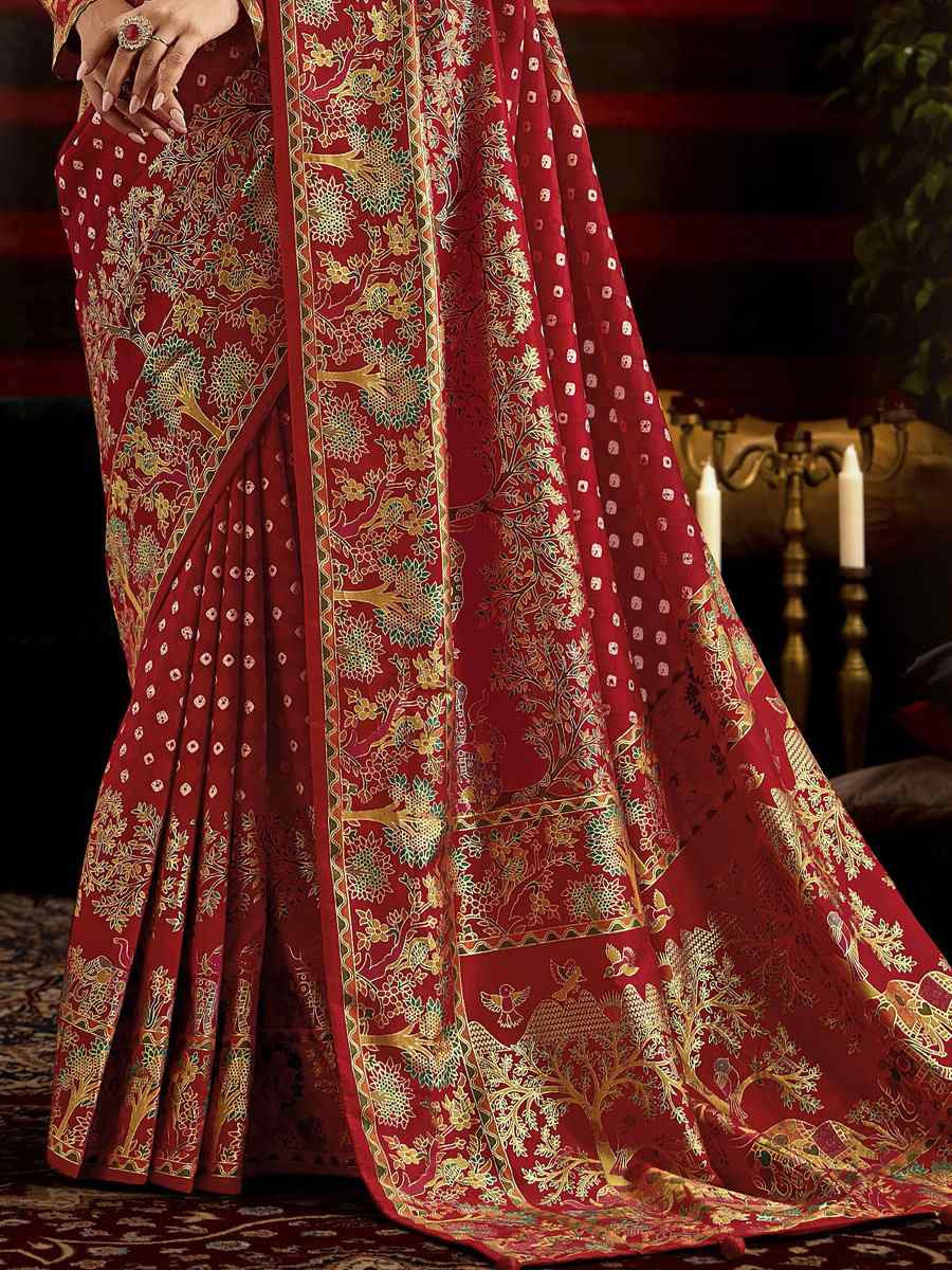 Red Silk Bhandej Prined Traditional Bridal Reception Festival Wedding Fancy Heavy Border Saree