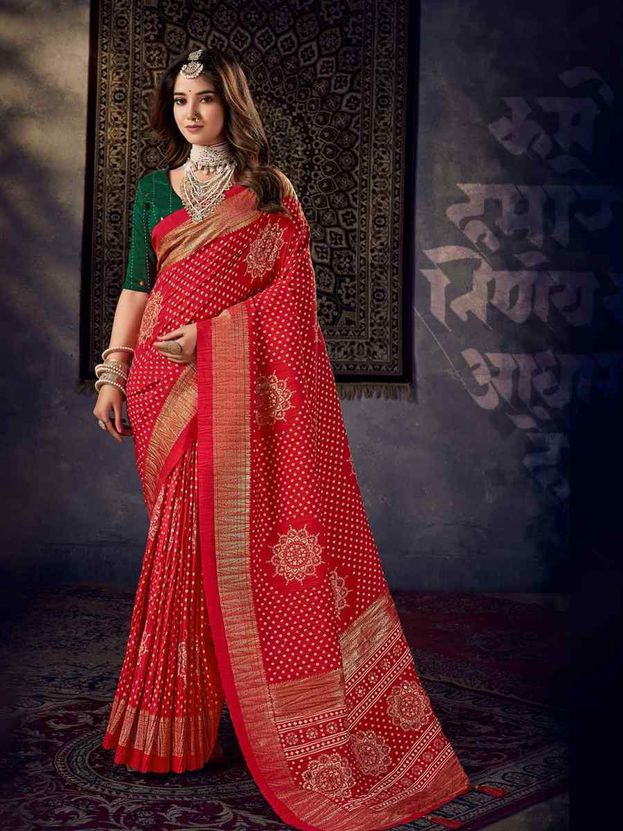 Red Silk Bhandej Zari Handwoven Casual Reception Festival Wedding Fancy Classic Style Sarees