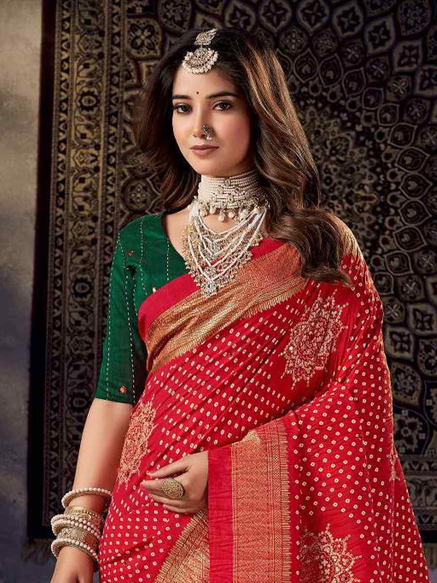 Red Silk Bhandej Zari Handwoven Casual Reception Festival Wedding Fancy Classic Style Sarees