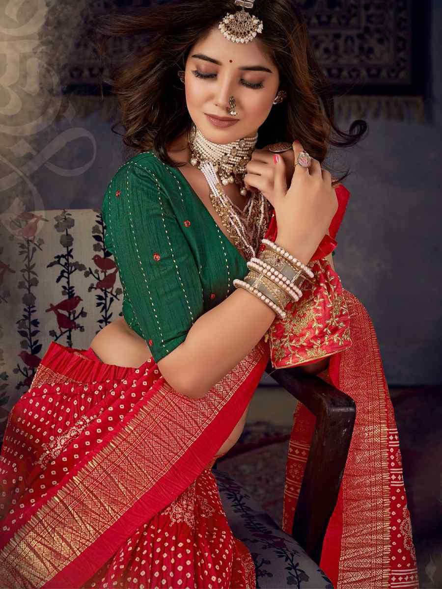 Red Silk Bhandej Zari Handwoven Casual Reception Festival Wedding Fancy Classic Style Sarees