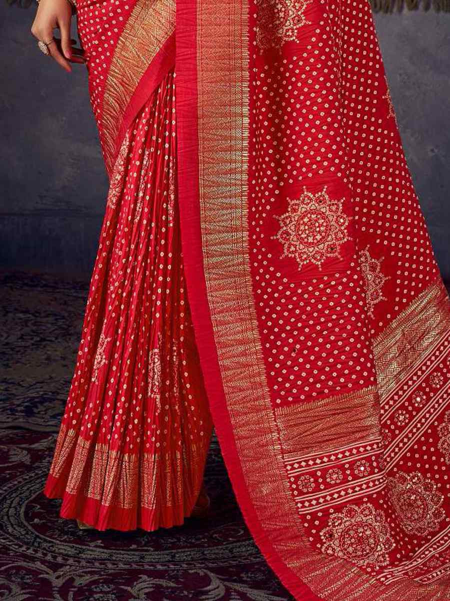 Red Silk Bhandej Zari Handwoven Casual Reception Festival Wedding Fancy Classic Style Sarees