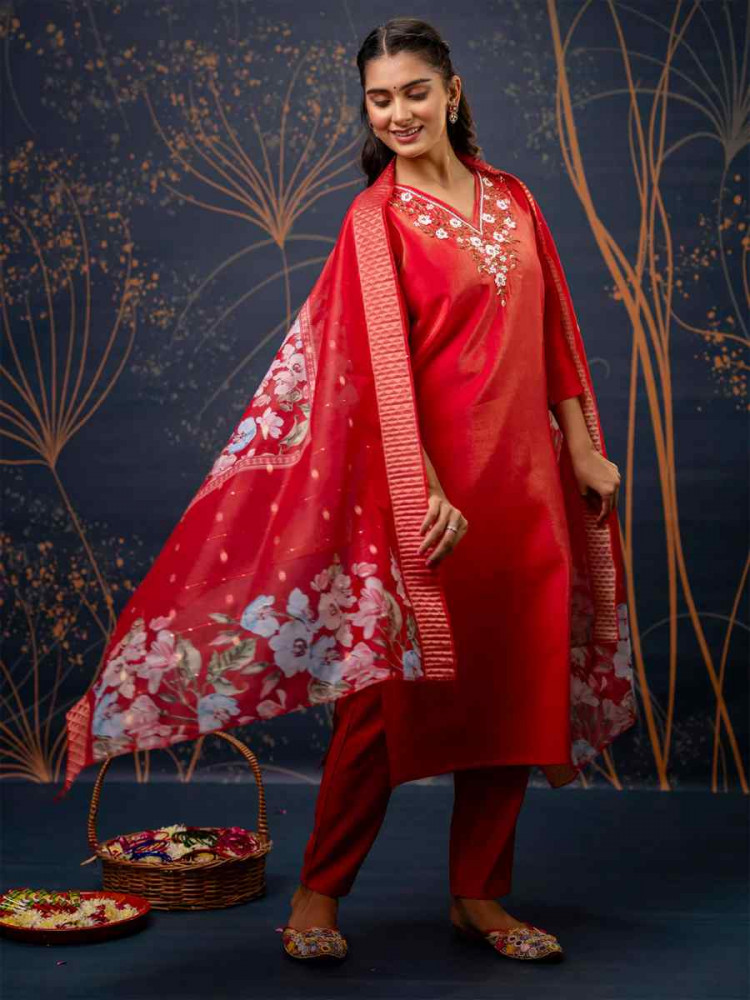 Red Silk Blend Embroidered Festival Party Ready Pant Salwar Kameez