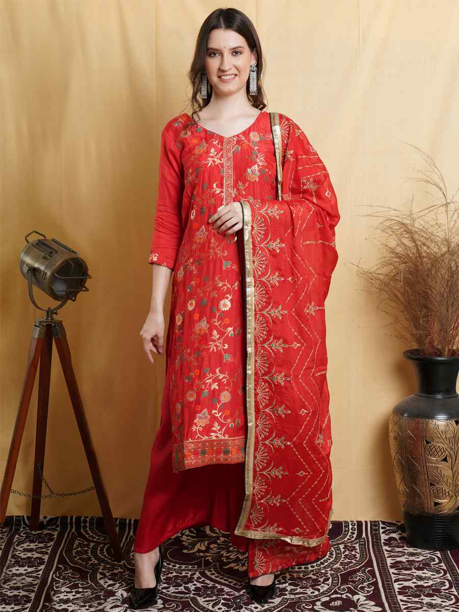 Red Silk Blend Embroidered Festival Wedding Palazzo Pant Salwar Kameez