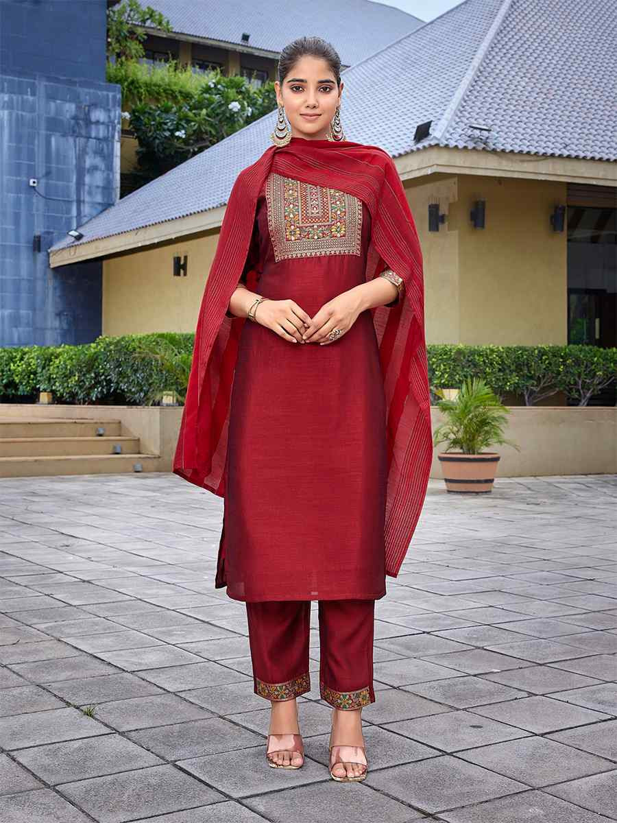 Red Silk Blend Embroidered Party Wedding Ready Pant Salwar Kameez