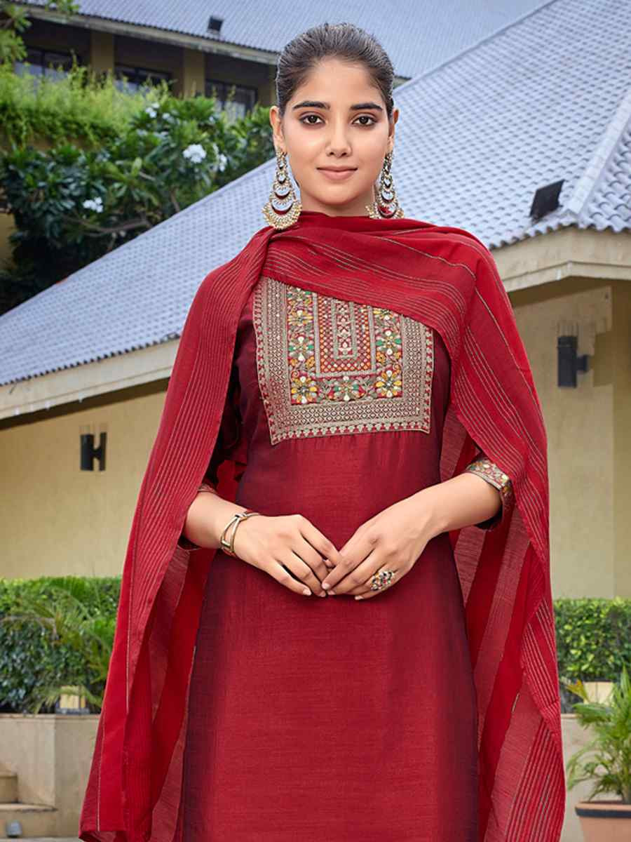 Red Silk Blend Embroidered Party Wedding Ready Pant Salwar Kameez