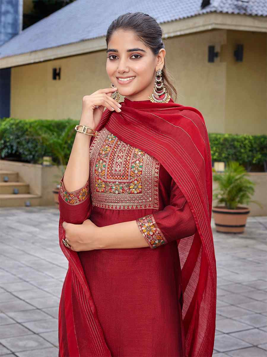 Red Silk Blend Embroidered Party Wedding Ready Pant Salwar Kameez