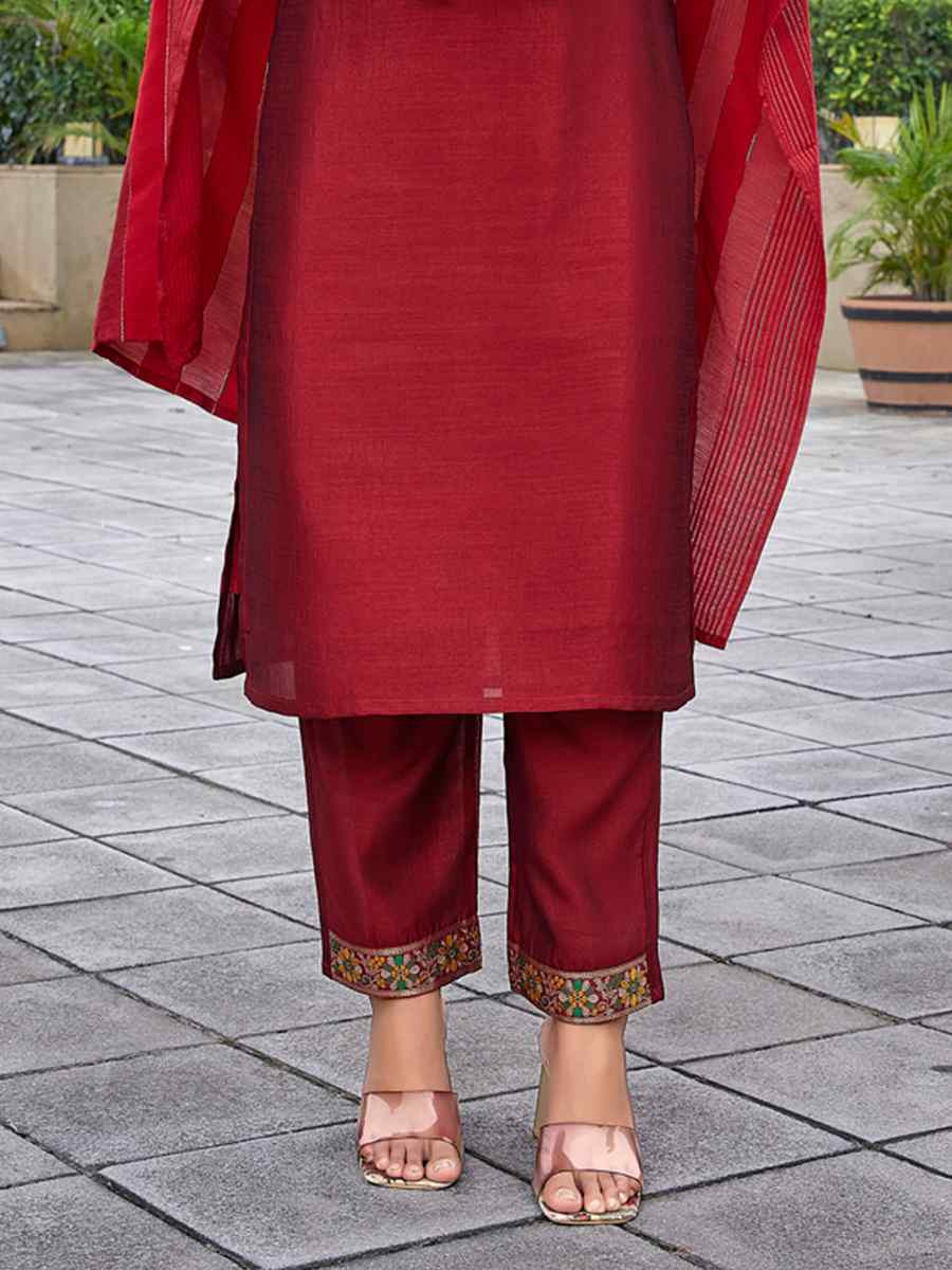 Red Silk Blend Embroidered Party Wedding Ready Pant Salwar Kameez