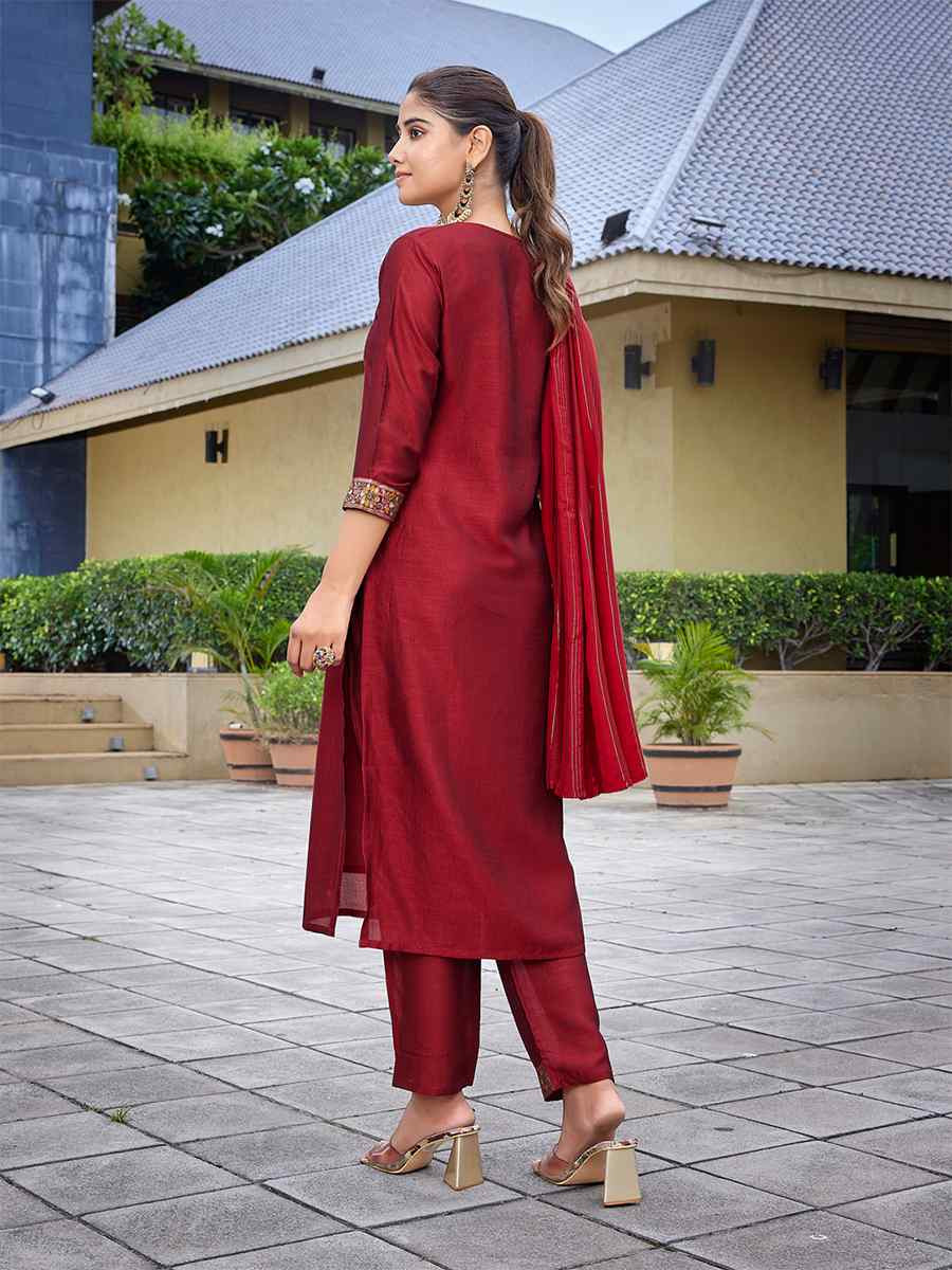 Red Silk Blend Embroidered Party Wedding Ready Pant Salwar Kameez