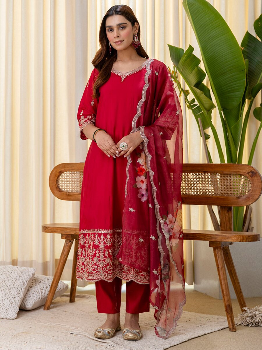 Red Silk Blend Embroidery Sequins Wedding Festival Casual Party Ready Pant Salwar Kameez