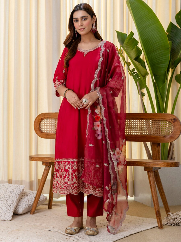 Image of Red Silk Blend Embroidery Sequins Wedding Festival Casual Party Ready Pant Salwar Kameez