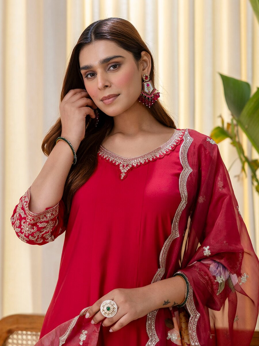 Red Silk Blend Embroidery Sequins Wedding Festival Casual Party Ready Pant Salwar Kameez